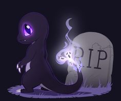 an alien sitting in front of a grave with a purple light on it's head