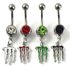 four different colored monster belly piercings