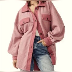 Questions? Leave A Comment Below! Free People Ruby Jacket, Oversize Casual, Free People Jacket, Free People Denim, Pink Jacket, Jacket Brands, Plaid Tops, Faux Fur Jacket, Knit Jacket