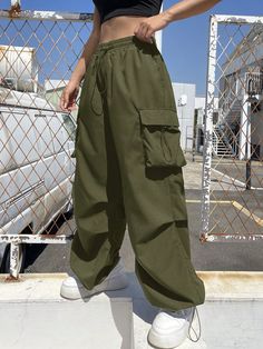 Women's Streetwear Sportswear Blockcore Sport Black Flap Pocket Side Drawstring Waist Parachute Cargo Pants Army Green Casual   Fabric Plain Parachute Non-Stretch  Women Clothing, size features are:Bust: ,Length: ,Sleeve Length: Parachute Cargo, Women Pants, Cargo Pants Women, Streetwear Women, Flap Pocket, Eos, Army Green, Drawstring Waist, Cargo Pants