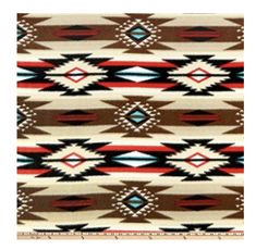 a brown and blue navajo print fabric with white, red, and black stripes on it