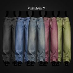 five pairs of jeans with different colors and sizes