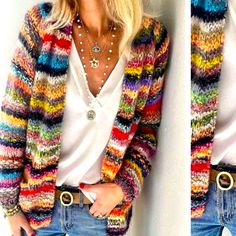 Comfy Color Multicolor Block Striped Cardigan Multicolor Knitted V-neck Cardigan, Multicolor Knit V-neck Cardigan, Casual Multicolor V-neck Cardigan, Casual Multicolor Long Sleeve Cardigan, Casual Multicolor Knit Cardigan, Multicolor V-neck Sweater For Layering, Casual Multicolor Winter Cardigan, Colorful One Size Cardigan For Fall, Colorful One Size Fall Cardigan