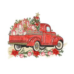 an old red truck with presents in the back and christmas decorations on the front, along with poinsettis