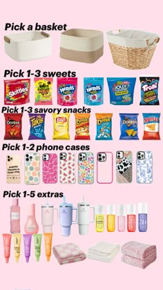 the contents of a basket and other items on a pink background with text that says pick a basket, pick 1 sweets, pick 2 savory snacks, pick 1 - 3 phone cases