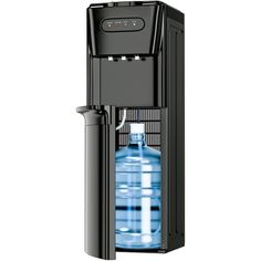 a black water dispenser with a blue bottle in it