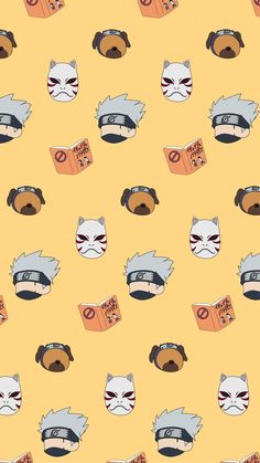 a pattern with cats, dogs and masks on it's yellow backround