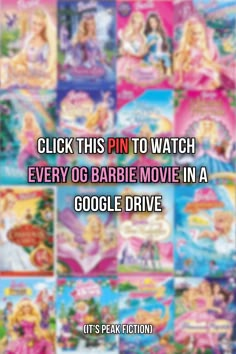 the barbie movie is shown in pink and blue with words that read, click this pin to watch every 6g barbie movie in a google drive