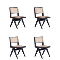 four black chairs with woven seat covers on each one and the other side, all facing different directions