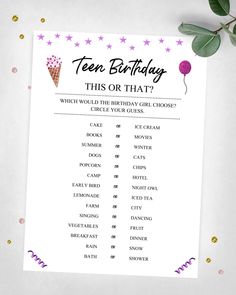 a birthday party game with pink and purple confetti