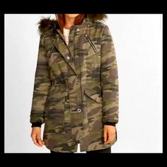 This Versatile Parka Has A Removable Inner Shell And Hood Lined With Faux Fur. Very Comfortable And Warm. New With Tags Tts Xs 0-2. Fitted Camouflage Winter Outerwear, Fitted Camouflage Outerwear For Winter, Camouflage Outerwear For Cold Fall Weather, Cheetah Jacket, Express Sweater Dress, Pink Faux Fur Coat, Green Peacoat, Faux Fur Parka, Cute Blazers