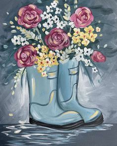 a painting of a blue boot with flowers in it on a gray background and water