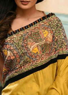 Saree Painting Ideas, Madhubani Dress, Madhubani Border, Model Blouses, Madhubani Saree, Lenin Sarees, Memory Drawing, Kalamkari Designs