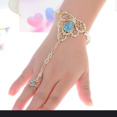 Gorgeous Gold Bracelet With Attached Ring. Bracelet Has An Extension On The Clasp. Turquoise Stones In Bracelet And Ring. Nwt Arm Jewellery, Hand Chain Jewelry, Elven Jewelry, Magical Jewelry, Fancy Jewellery, Hand Chain, Fancy Jewelry, Hand Jewelry, Fantasy Jewelry