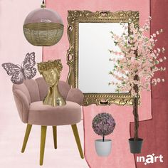 a pink and gold room with a chair, mirror, potted plant and vase