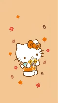 the hello kitty wallpaper has an orange bow on it's head and is holding a piece of food