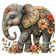 an elephant decorated with flowers and leaves is standing in front of a white background,