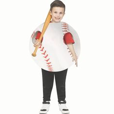 a boy in a baseball costume with a bat and ball on his back, standing up