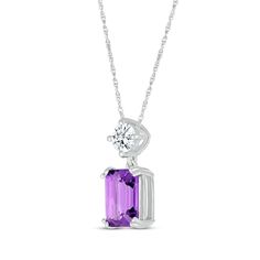 A dreamy amethyst and a hint of sparkle make this necklace a fabulous complement to her style. Crafted in 10K white gold An emerald-cut amethyst makes a big impression, dangling from a round-cut white lab-created sapphire The pendant suspends along an 18-inch rope chain that secures with a spring ring clasp Purple Prong Setting Formal Necklaces, Purple Necklaces With Accent Stones For Anniversary, Purple Necklace With Prong Setting For Anniversary, Purple Prong Set Necklace For Anniversary, Elegant Purple Necklace With Prong Setting, Purple Amethyst Necklace With Prong Setting, Fine Jewelry Amethyst Necklace With Prong Setting, Fine Jewelry Amethyst Necklace In Prong Setting, Fine Jewelry Amethyst Necklaces With Prong Setting