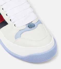 Find GUCCI Double Screener Leather-trimmed Sneakers on Editorialist. Upper: leather. Lining: fabric. Sole: leather insole, rubber sole. Toe shape: round toe. Made in Italy. Includes: shoe box. Designer color name: Gr.Wh/Gr.Wh/Cie/Bl/R. Closure: lace-up. Gucci White Leather High-top Sneakers, Luxury Gucci High-top Sneakers With Contrast Sole, White Gucci Leather High-top Sneakers, Gucci High-top Sneakers With Contrast Sole And Round Toe, Gucci Leather Sneakers With Contrast Sole, Gucci High-top Sneakers With Contrast Sole, Gucci Leather Sneakers With Abzorb Midsole, Designer Gucci High-top Sneakers With Rubber Sole, Gucci White Calf Leather Sneakers