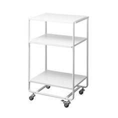 a white shelf with three shelves on wheels