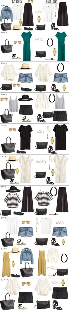 10 Day To Night Looks Carribean - via livelovesara.com Resort Packing List, European Outfits, Cutoff Jeans, Travel Packing Outfits, Caribbean Resort, Packing Clothes, Basic Wardrobe, Travel Capsule, Summer Capsule