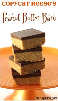 three pieces of peanut butter bars stacked on top of each other with text overlay