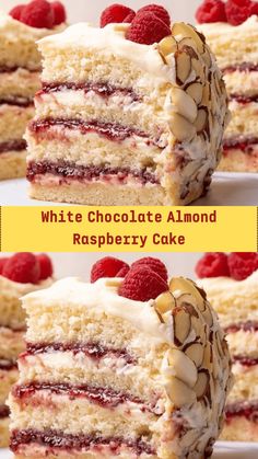 white chocolate and raspberry cake with almonds on the top is cut in half