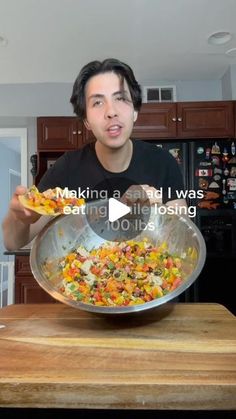 a man holding a bowl full of food in front of his face with the words making and i was eating all losing