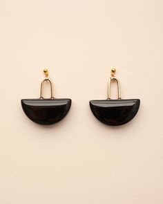 Black and gold earrings with half circle resin charm, gold fill earring, gothic style, goth inspired, modern aesthetic, fashion jewelry