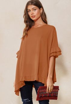 One size Chic Flowy Top With Ruffle Sleeves, Flowy Ruffle Sleeve Top For Brunch, Chic Short Sleeve Tops For Brunch, Chic Solid Color Blouse For Brunch, Elegant Crew Neck Blouse For Brunch, Ruffled Blouse For Brunch, Spring Brown Solid Color Blouse, Chic Crew Neck Blouse For Brunch, Chic Crew Neck Blouse For Spring