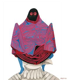 a drawing of a person wearing a black mask with red and blue designs on it