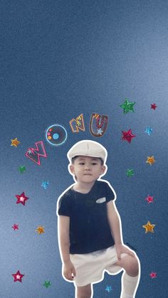 a young boy is standing in front of stars and confetti on a blue background