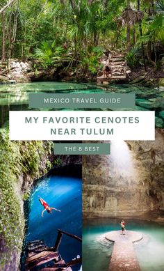 A pin with text that reads: Mexico Travel Guide. My Favorite Cenotes Near Tulum (the 8 best) by Renee Roaming. It also features 3 photos of her swimming and exploring cenotes. Vacation Outfits Cancun, Mexico Vacation Outfits Cancun, Mexico City Aesthetic, Tulum Aesthetic, Cancun Mexico Outfits, Tulum Cenotes, Aesthetic Mexico, Cenotes Tulum