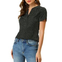 Its a good versatile blouse that could be worn anytime. Whether you're in the office or out on the town, this dots print shirt is perfect for any occasion. The v-neck design sits on blouse that adds an feminine touch. Featuring with a classic v neck, short sleeves and dots print pattern. A v neck with short sleeves keeps the look classic and charm. Style it with your favorite shorts and heels for stylish look. Occasion: Office, Coffee Shop, Shopping, etc. Please check your measurements to make s Casual Polka Dot V-neck Blouse, Polka Dot Short Sleeve Blouse For Work, Dot Print Pattern, Office Blouse, Office Coffee, Work Wear Women, Work Office, Dot Print, Print Shirt