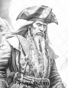 a black and white drawing of an old pirate