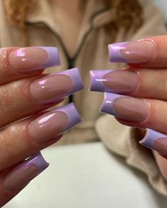 Hoco Nails Colorful, Nail Ideas Pastel Purple, Trendy Purple Nails Almond, French Nail Designs Purple, Purple Chrome French Tip Nails Coffin, Pink And Purple Nails French Tip, Purple French Tip With Design, Acrylic Nail Designs Purple French Tip, Purple Hoco Nails Acrylic