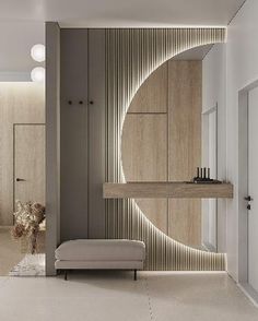 the interior of a modern bathroom with wood paneling