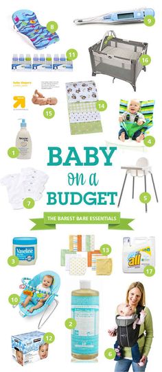 the baby on a budget guide is shown in green and white with pictures of items that include