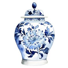 a blue and white vase with flowers painted on it's side, sitting in front of a white background