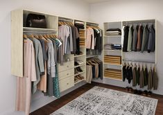 a walk in closet filled with lots of clothes and shoes next to a white rug