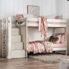 Ampelios Twin/Twin Bunk Bed in Rustic White- pine wood, front access steps, 11 pcs slat bottom & top, drawers in staircase. Bunk Bed Steps, Built In Drawers, White Bunk Beds, Youth Furniture, Twin Bunk Bed, Bunk Beds With Stairs, Bunk Bed Designs, Rustic Bedding, Twin Bunk Beds