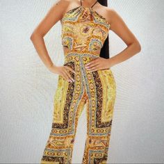 Nwt Size Small Beautiful Sexy Silk Jumpsuit Yellow V-neck Jumpsuits And Rompers For Party, Yellow V-neck Jumpsuit For Parties, Chic Yellow V-neck Jumpsuit, Multicolor Stretch V-neck Jumpsuits And Rompers, Satin Jumpsuit, Silk Jumpsuit, Pant Jumpsuit, Pants For Women, Jumpsuit