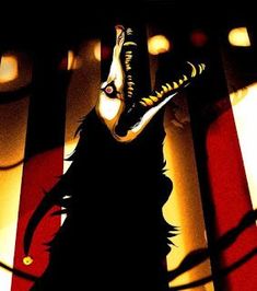 an animated image of a demon in front of red and white striped walls with lights