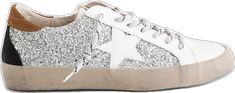 Spring Glitter Lace-up Sneakers, Glitter Lace-up Sneakers For Spring, Spring Glitter Low-top Sneakers, Spring White Glitter Sneakers, Casual Leather Sneakers With Glitter Accents, White Glitter Lace-up Sneakers, Spring Low-top Glitter Print Sneakers, Silver Sneakers With Glitter Accents For Spring, Spring Low-top Sneakers With Glitter Print