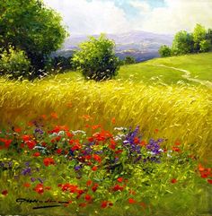 an oil painting of flowers in a field