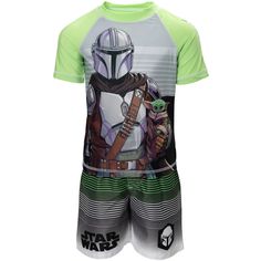 Join the adorable baby Grogu and the bounty hunter Din Djarin for a fun day at the pool. This Star Wars swim set includes a rash guard shirt and shorts featuring prints of your favorite characters from the Mandalorian. Made from quick-drying material and with a sun-blocking UPF of 50+, this swim set protects your kid's skin and keeps him comfortable as he goes on adventures in a galaxy far, far away. Trunks Outfit, Bathing Suit Shorts, Swim Shirts, Boys Swim, Swim Fashion, Rash Guard, Outfit Set, Gray Green, Boy Shorts