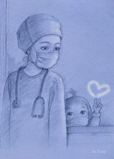 a drawing of a woman in scrubs with a child wearing a face mask and holding a stethoscope