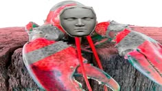 a mannequin head wearing red and gray clothing with fish on it's chest