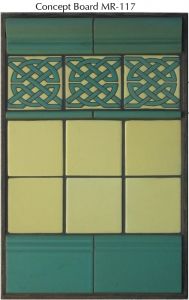 a green and yellow tile wall with decorative designs on it's sides, along with the words concept board mr - 17